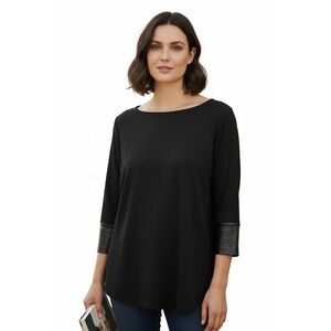 Clara Sun Woo Dolman Sleeve Top Faux Leather Trim Boxy Women's L Black USA